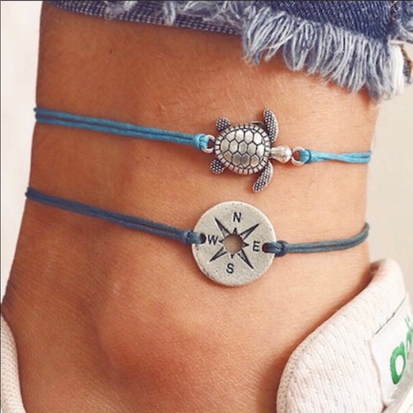 Ocean Dreams Jewelry - Blue Sea Turtle Compass Anklet Set